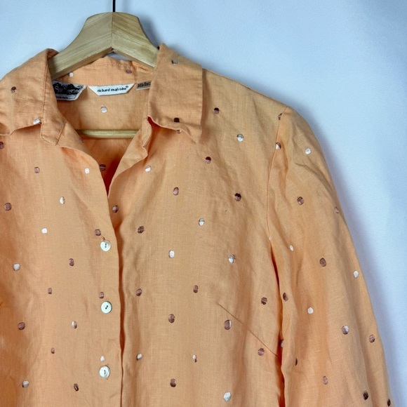 Richard Malcolm Light Orange Polka Dot Embroidered Linen Long Sleeve Button Down - Picture 3 of 4